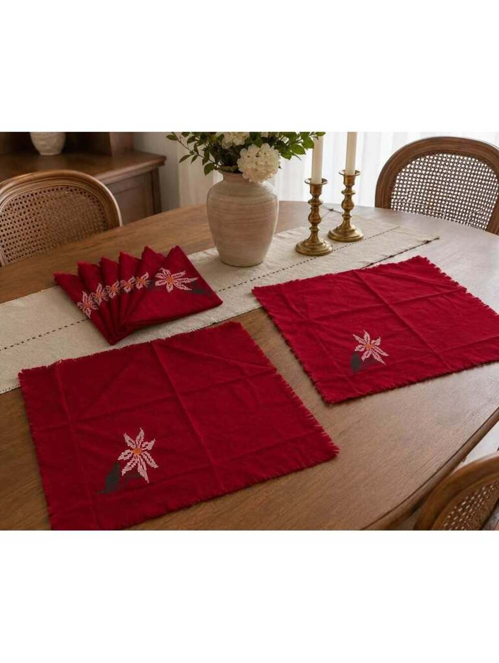 Vintage Swedish Weaving Christmas Poinsettia Napkins Handmade Set of 7